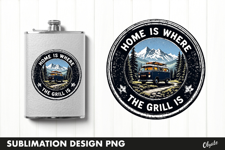 BBQ Retro Round Sublimation PNG, Flask BBQ Grill