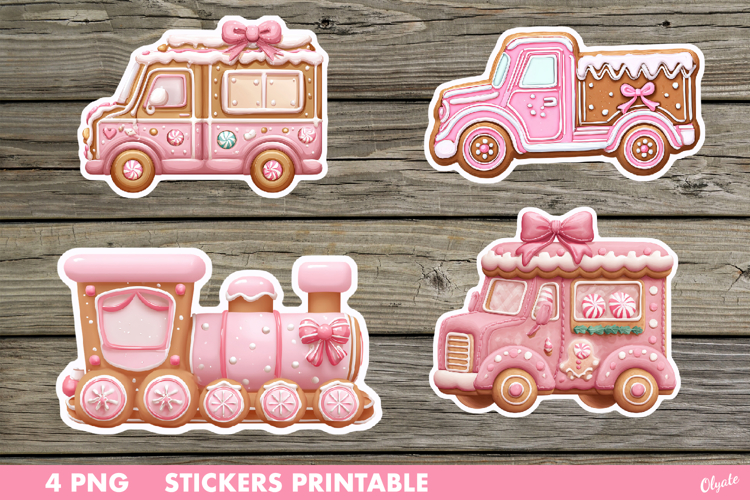 Pink Christmas Stickers PNG. Gingerbread Stickers Printable