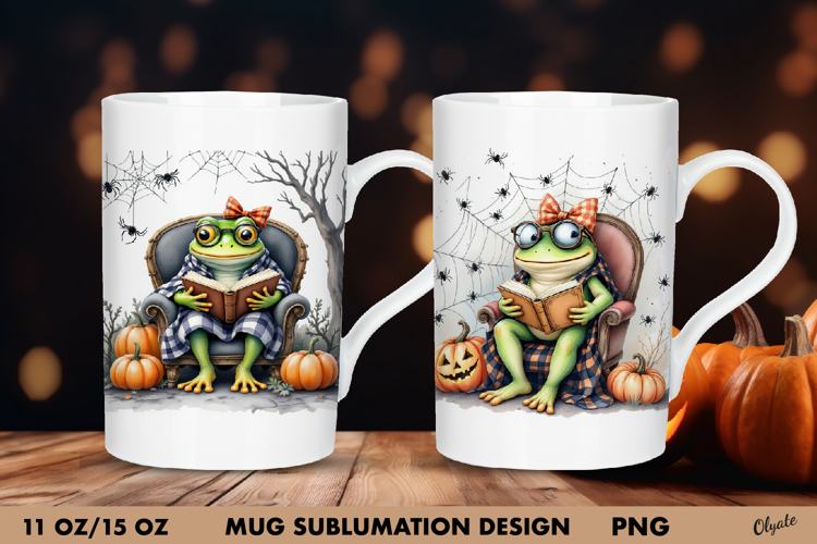 Frog with Book Mug Sublimation Wrap. Halloween Mug Design