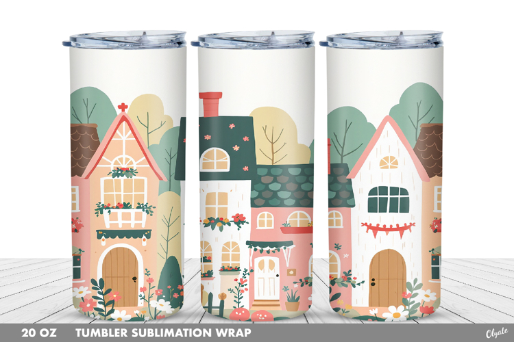 Cute Spring Houses Tumbler Wrap Sublimation PNG