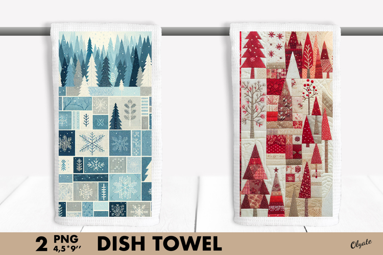 Patchwork Winter Forest Landscape Dish Towel PNG