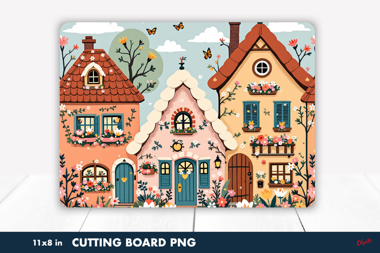 Spring Cutting Board PNG, Cozy Spring Scandinavian Cabins