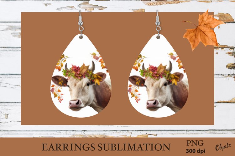 Cow Earrings Teardrop Sublimation. Fall Earrings PNG