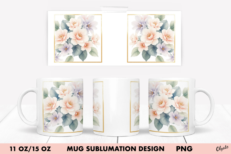 Watercolor Flower Mug Wrap Sublimation. 11 OZ, 15 OZ Mug