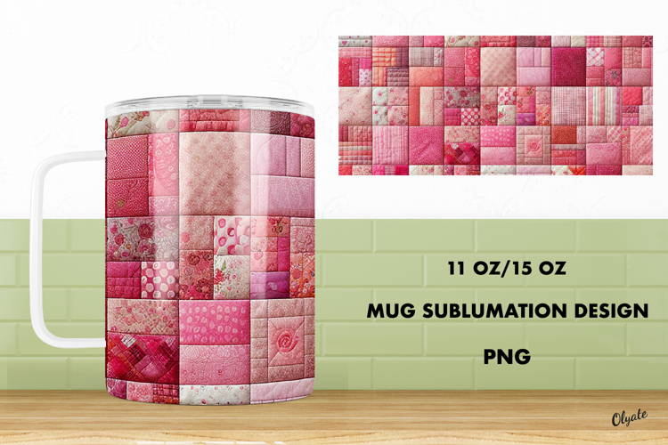 Pink Patchwork Mug Sublimation Wrap. 11 OZ, 15 OZ Mug PNG