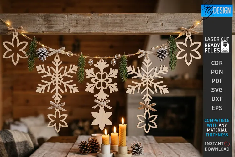 Wooden Christmas Ornament Laser Cut | Hanging Snowflake SVG