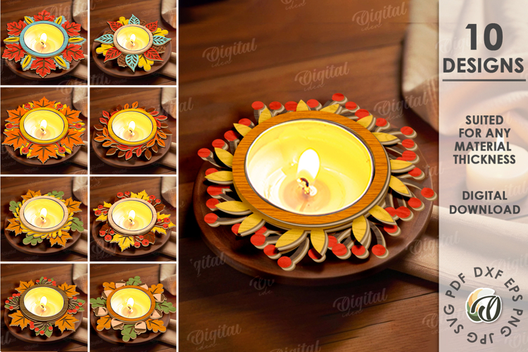 Autumn Leaf Candle Holders Bundle Laser Cut. Home Decor SVG