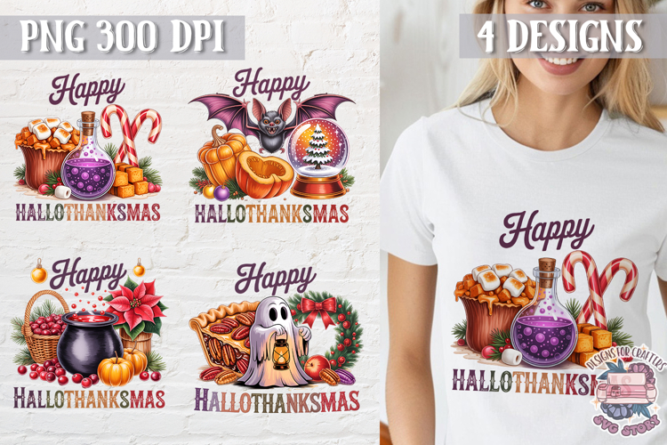 HalloThanksMas Sublimation T Shirt Design PNG 4 designs