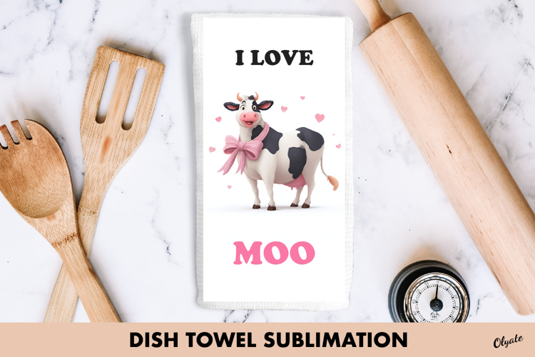 Funny Cow Dish Towel PNG, Valentine Cow Sublimation PNG