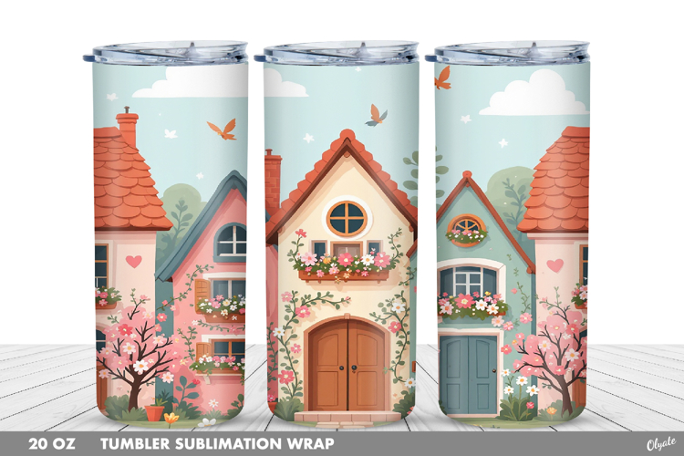 Cute Spring Houses Tumbler Wrap Sublimation PNG