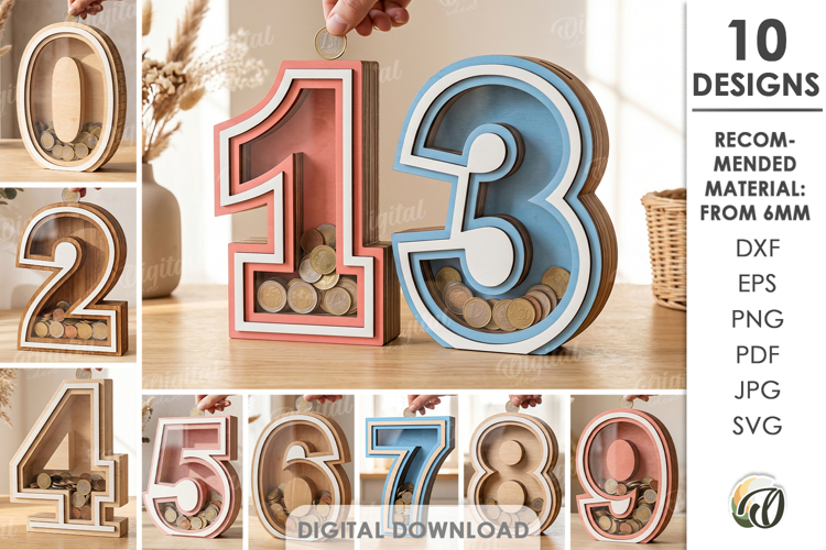 3D Numbers Piggy Banks Bundle Laser Cut. Money Box SVG