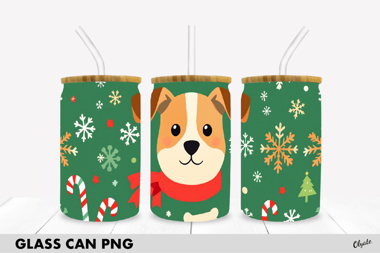Christmas Dog Glass Can Wrap PNG. Glass Can 16 OZ
