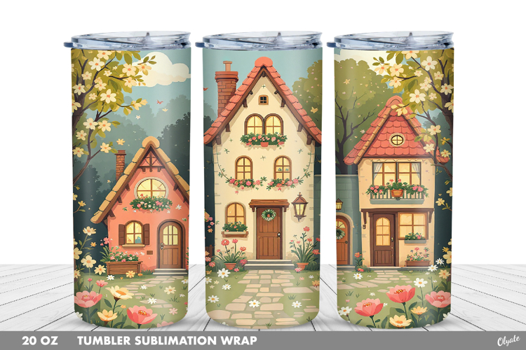 Cute Spring Houses Tumbler Wrap Sublimation PNG