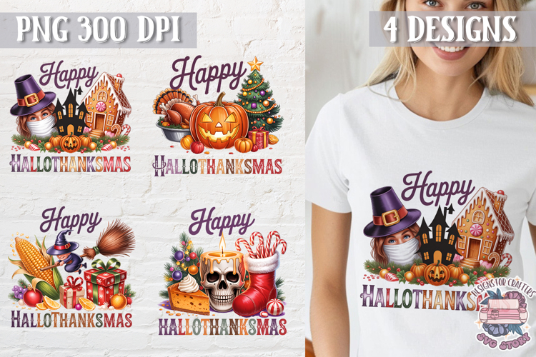 HalloThanksMas Sublimation T Shirt Design PNG 4 designs