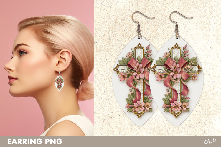 Easter Cross Earrings with Leather Texture Sublimation PNG
