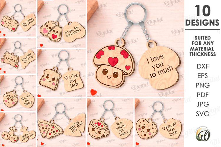 Double Valentine Keychains Bundle Laser Cut. Key Ring SVG