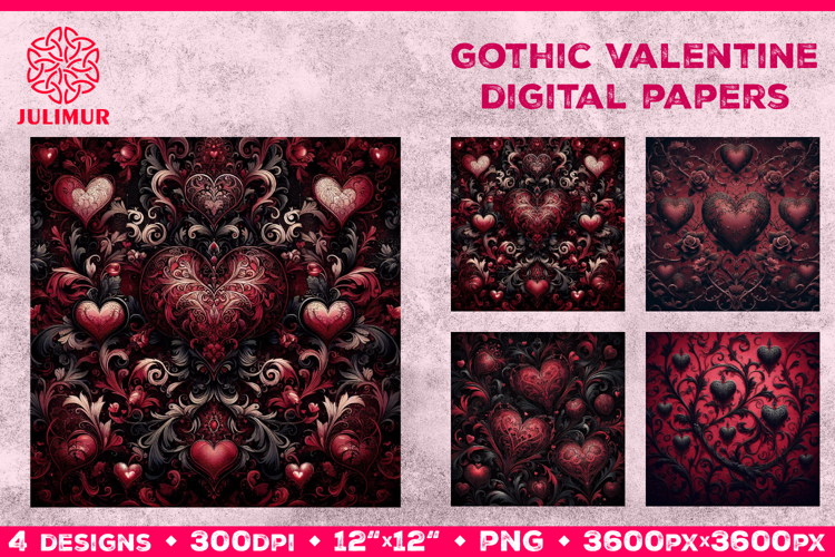 Gothic Valentine Digital Paper with Ornate Red Hearts
