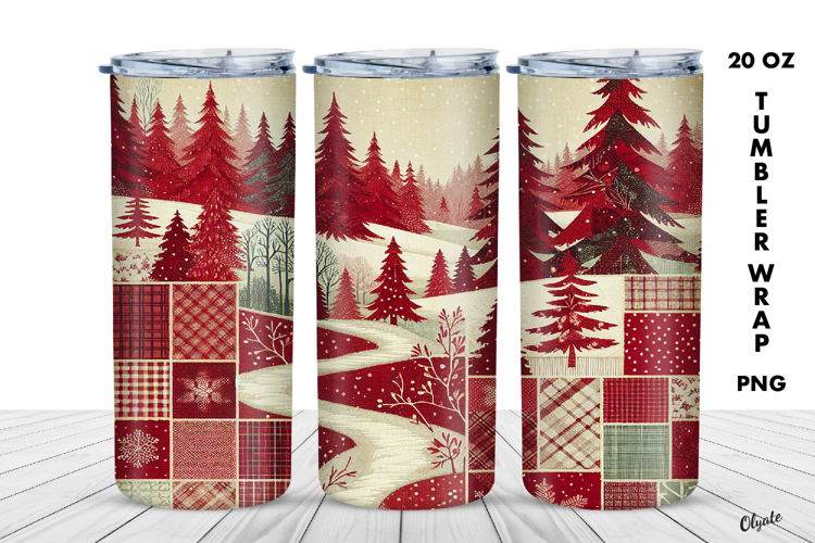 Winter Tumbler Wrap PNG, Red Patchwork Sublimation
