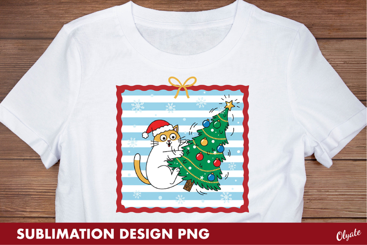 Christmas Cat Sublimation PNG, Tshirt Postage Stamp example image 1