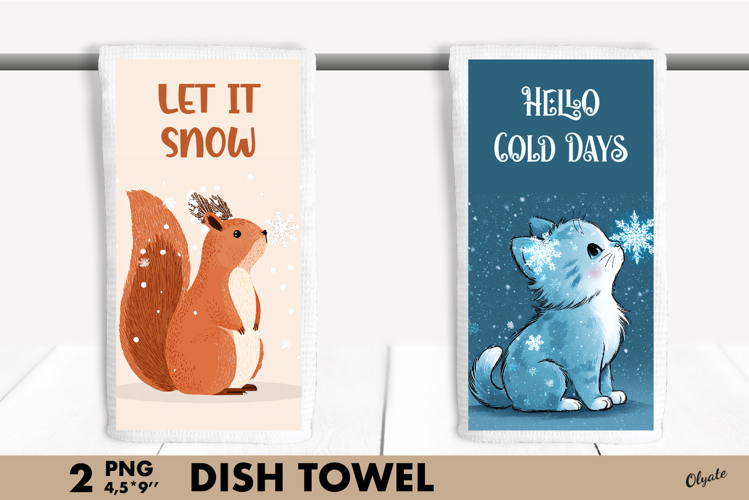 Winter Animal Dish Towel PNG. Cute Animal Sublimation