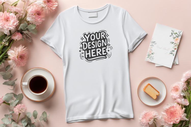 Pink Coffee Flatlay T-Shirt Mockup PSD JPG