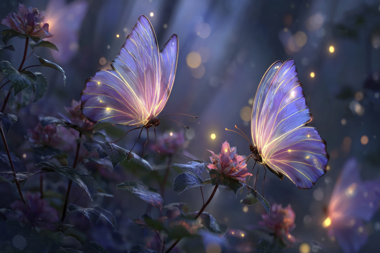 Glowing Butterflies With Flower Background