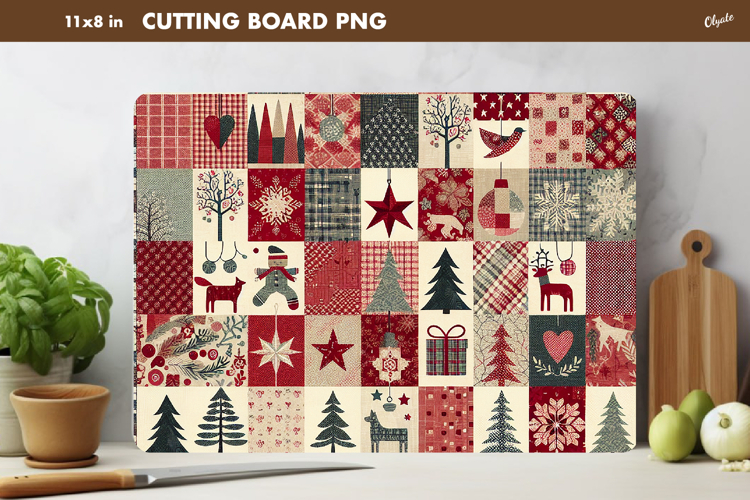 Winter Cutting Board PNG. Rustic Christmas Patchwork PNG