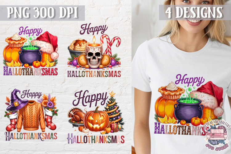 HalloThanksMas Sublimation T Shirt Design PNG 4 designs