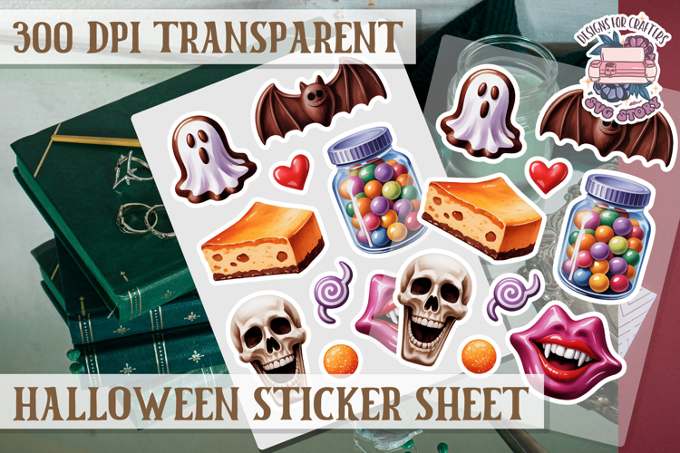 Halloween sticker sheet Creepy Scrapbook PNG Funny Skulls example image 1