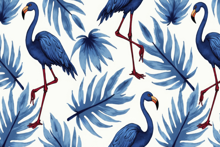 Blue Flamingos and Blue Palm Leaves Background Wallpaper
