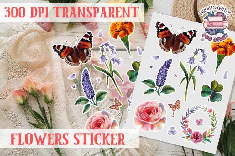 Summer sticker flowers butterfly Spring Botanical PNG