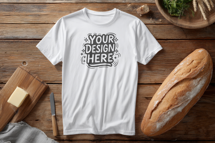 Rustic Bread Flatlay T-Shirt Mockup PSD JPG