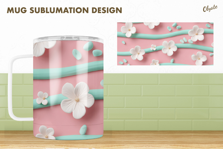 Pastel Colors Mug Sublimation Design, Pink Floerrs Mug PNG