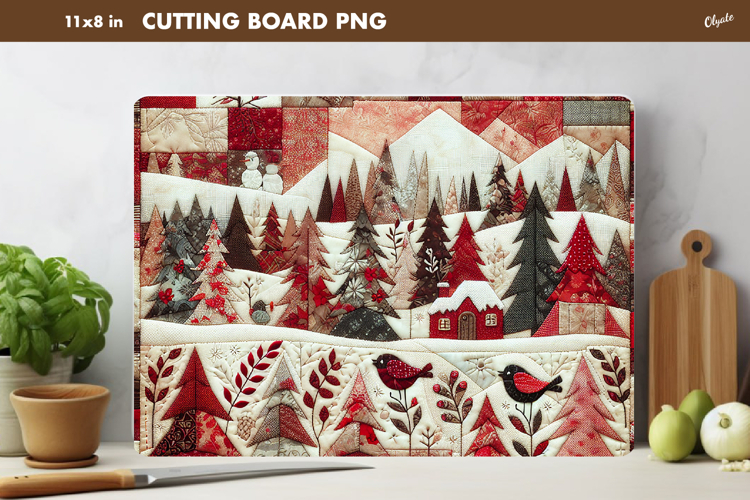 Winter Cutting Board PNG. Rustic Christmas Patchwork PNG