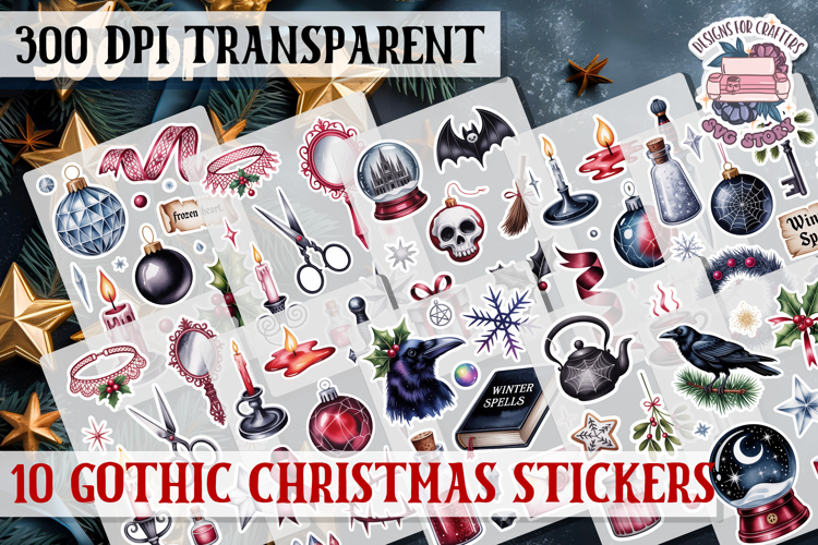 Gothic Christmas Watercolor Sticker Sheet Winter Scary PNG