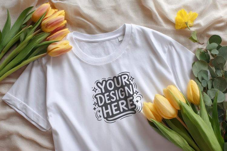 Tulip Floral Flatlay T-Shirt Mockup PSD JPG