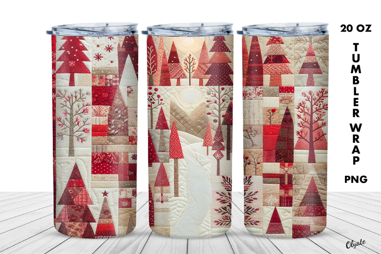 Winter Tumbler Wrap PNG, Red Patchwork Sublimation PNG