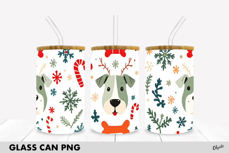 Christmas Dog Glass Can Sublimation. Glass Can Wrap, 16 OZ