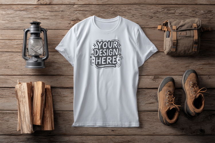 Rustic Coffee Desk T-Shirt Mockup PSD JPG