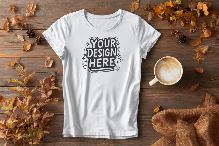 T-Shirt Mockup Autumn Leaves Flatlay PSD JPG