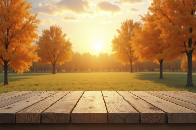 Wooden Table with a Blurred Autumn Background Wallpaper