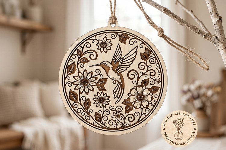 Hummingbird Floral SVG, Round Bird Ornament Laser Cut File
