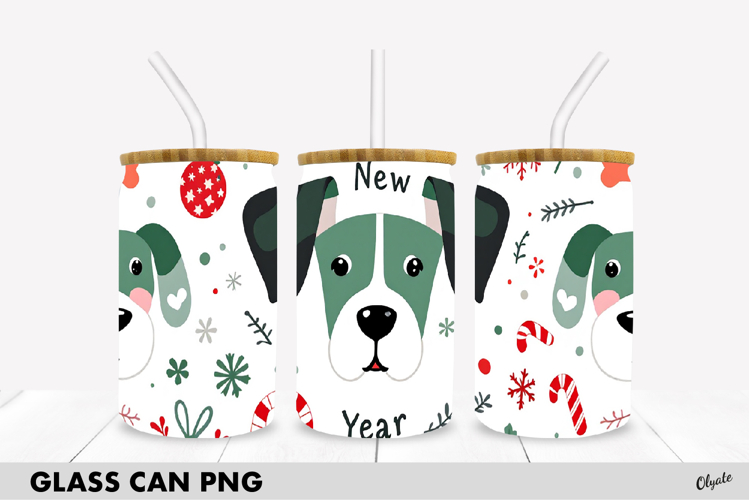 Christmas Dog Glass Can Sublimation. Glass Can Wrap, 16 OZ