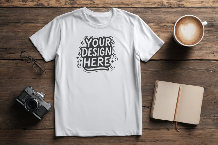 T-Shirt Mockup Coffee Desk PSD JPG