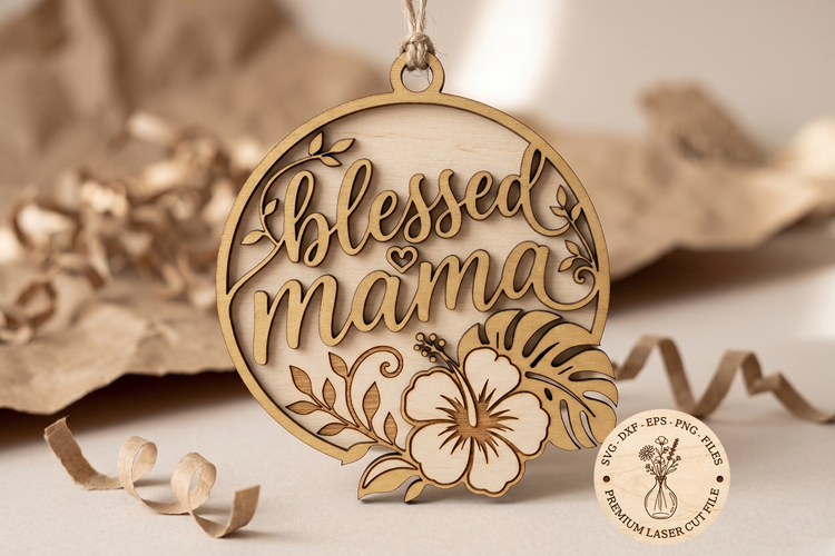Blessed Mama SVG Laser Cut File, Floral Wooden Ornament SVG
