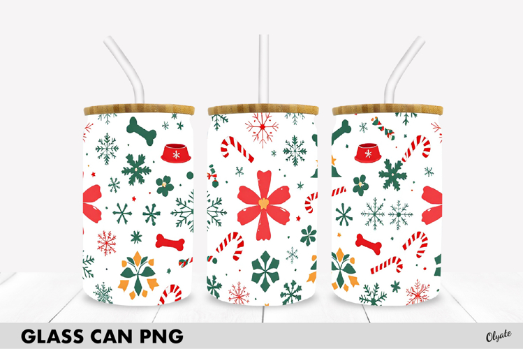 Christmas Dog Glass Can Sublimation. Glass Can Wrap, 16 OZ