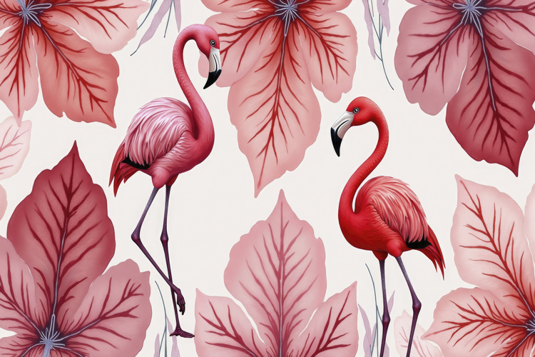 Two Flamingos Surrounded by Lush Foliage Background