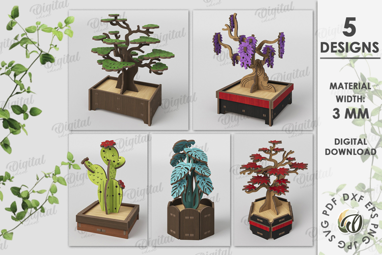 3D Plant Decors Bundle Laser Cut. Stand decor SVG