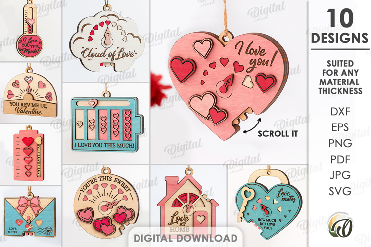 Valentine Gift Ornaments Bundle Lasercut. Valentine Gift SVG