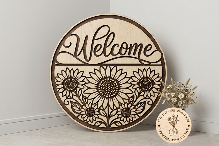 Sunflower Welcome Sign SVG, Floral Laser Cut Door Hanger example image 1